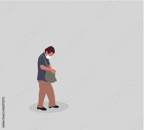 Woman with medical face mask looking for something such as phone in her handbag outdoors. Tourist standing in public park and opening bag. Losing thing concept. Vector design illustrations.