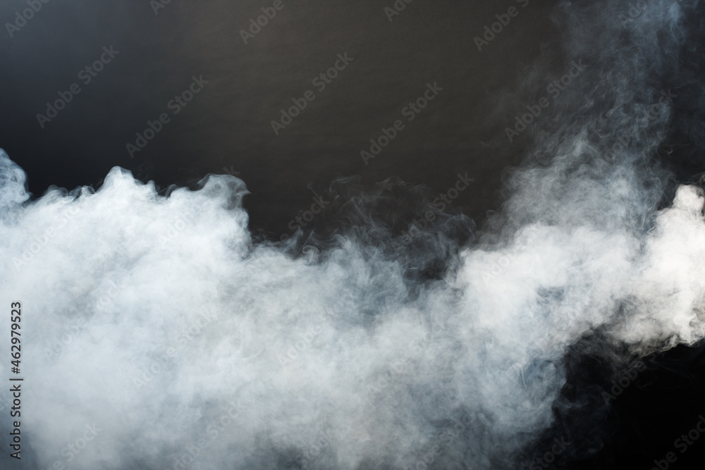Dense Fluffy Puffs of White Smoke and Fog on Black Background, Abstract Smoke Clouds
