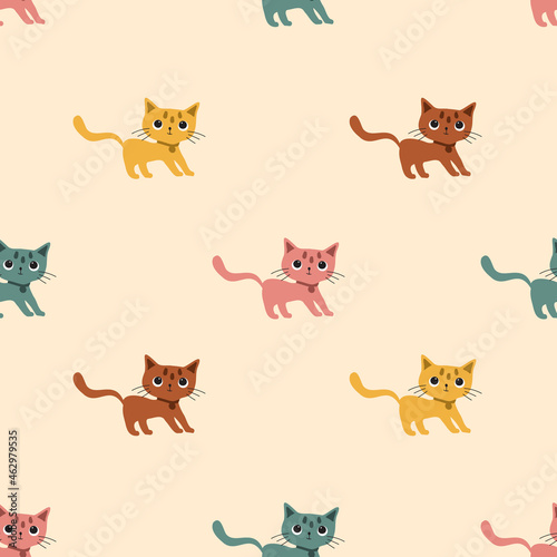 Cartoon flat colorfull funny cute seamless pattern with a cats .For printing baby textile  fabrics  design  decor  gift wrapping  paper  baby shower  greeting card notepad  scrapbooking .