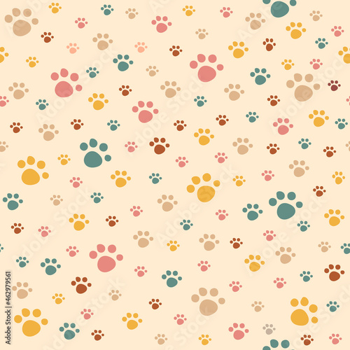 Cartoon flat colorfull funny cute seamless pattern with a paws cat .For printing baby textile, fabrics, design, decor, gift wrapping, paper, baby shower, greeting card,notepad, scrapbooking .