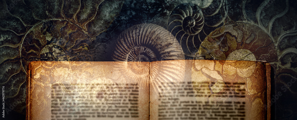 Φωτογραφία アンモナイト、オウムガイなどの化石と古書。地質学、考古学のイメージ