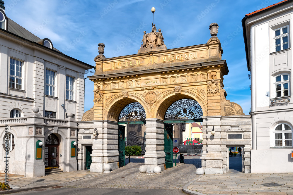 Fototapeta premium The famous Brewery Jubilee Gate is the entry point to the area of the world-renown Pilsner Urqell Brewery.