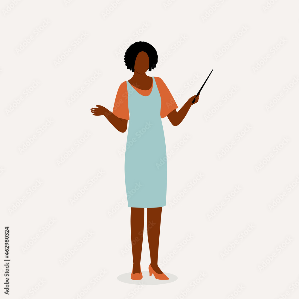 Young Black Woman Teacher Holding A Pointer Stick. Education And Training Occupation. Young Black Woman Teacher Holding A Pointer Stick. Education And Training Occupation.