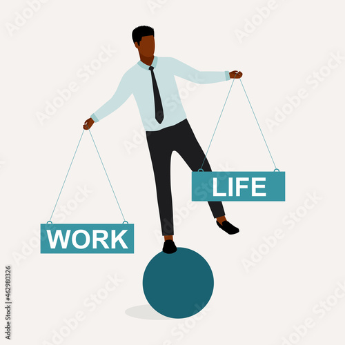 Work-Life Balance Concept. Young Black Businessman Strike Balance Between Work And Life. Standing On One Leg.