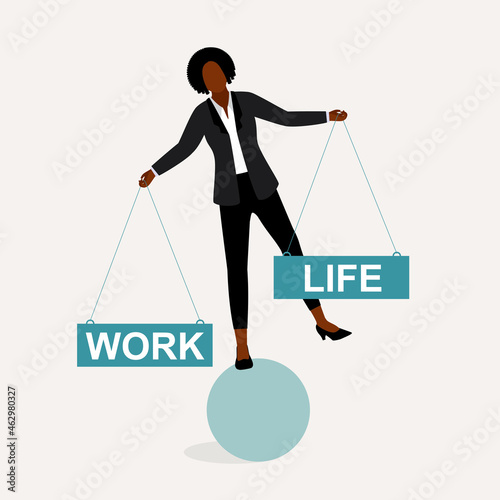 Work-Life Balance Concept. Young Black Businesswoman Strike Balance Between Work And Life. Standing On One Leg.