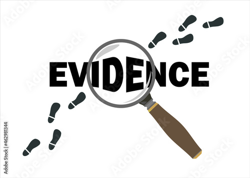 Magnifier glass with text Evidence and foot steps design for crime theme
