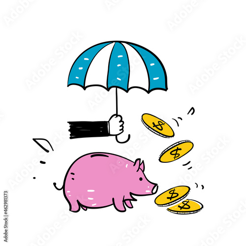 hand drawn doodle umbrella piggy bank and money symbol for financial protection icon