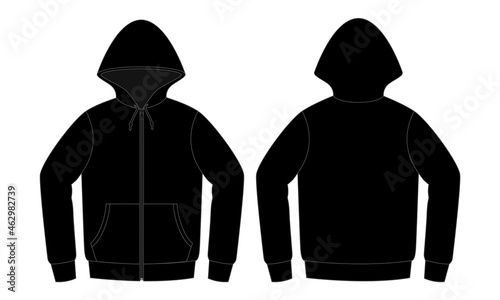 Black Hooded Jacket With Two Pocket Template Vector On White Background.Front and Back View.
