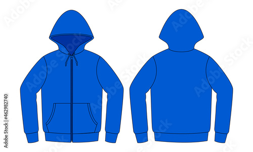 Blue Hooded Jacket With Two Pocket Template on White Background. Front and Back Views, Vector File.