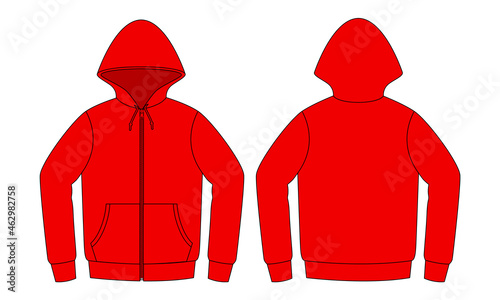 Blank Red Hooded Jacket with Two Pocket Template on White Background. Front and Back Views, Vector File.