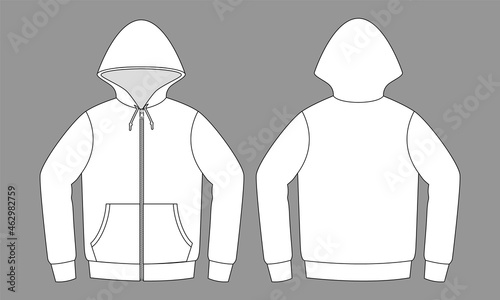 White Hooded Jacket With Two Pocket Template on Gray Background. Front and Back View, Vector File.