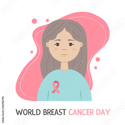 World Breast Cancer Day. The girl with the pink ribbon. Vector isolated illustration on a white background.
