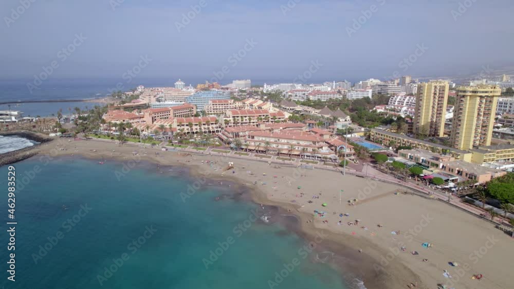 Playa de las Vistas, Tenerife, Canary Islands, Spain, Drone Aerial View of Sandy Beach, Upscale Hotel Resorts and Waterfront Buildings on Atlantic Ocean Playa de las Vistas, Tenerife, Canary Islands, Spain, Drone Aerial View of Sandy Beach, Upscale Hotel Resorts and Waterfront Buildings on Atlantic Ocean
