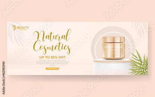 cosmetic banner ads with geometric podium for promotion.