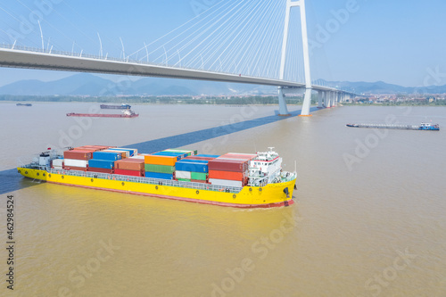 container ship sailing on inland river under cable-stayed bridge photo