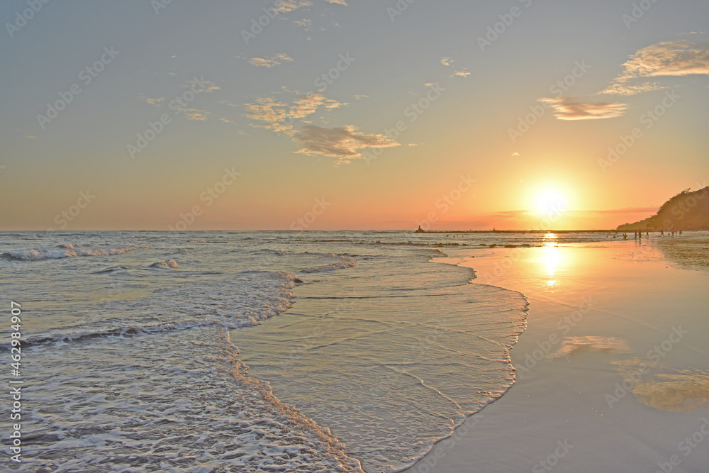 An Ocean Beach with at Sunset 