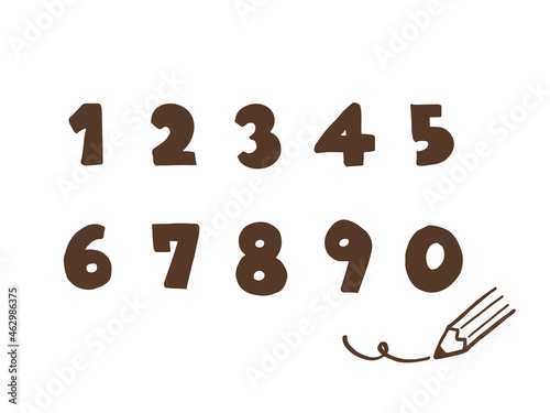かわいい数字の1から0番の文字セットと鉛筆（ブラウン色）／手書きイラスト photo