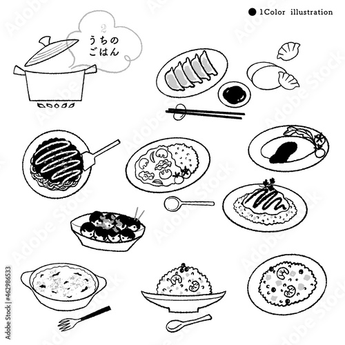 定番ごはんの手描きイラスト-2 / モノクロ