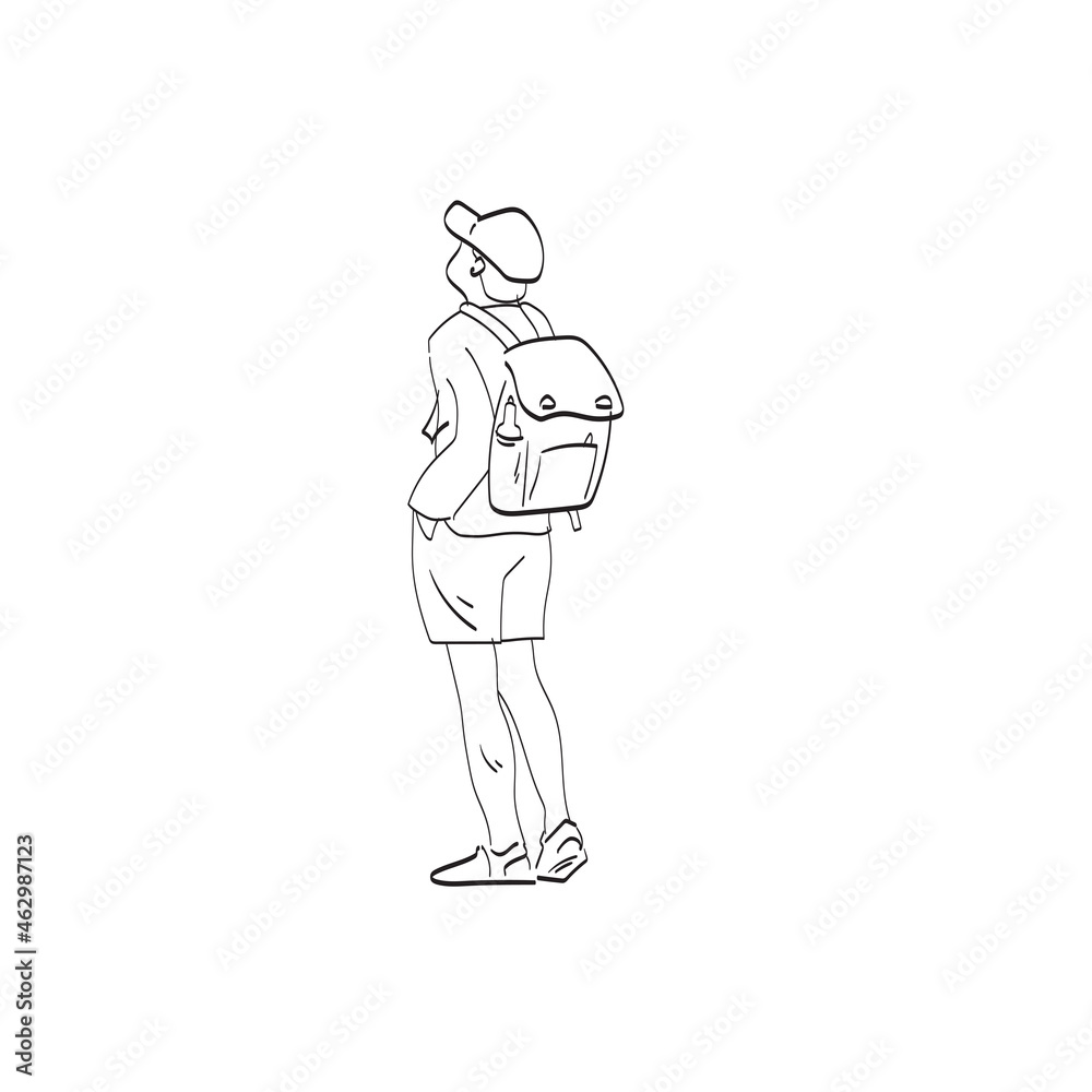 Back view of young male traveler wearing cap with backpack standing alone illustration vector isolated on white background line art