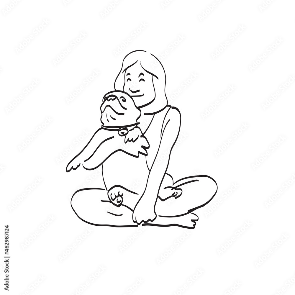 line art woman and bulldog one her lap illustration vector isolated on white background line art. line art woman and bulldog one her lap illustration vector isolated on white background line art.