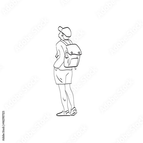 Back view of young male traveler wearing cap with backpack standing alone illustration vector isolated on white background line art