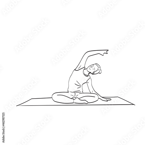 woman doing yoga on mat illustration vector isolated on white background line art