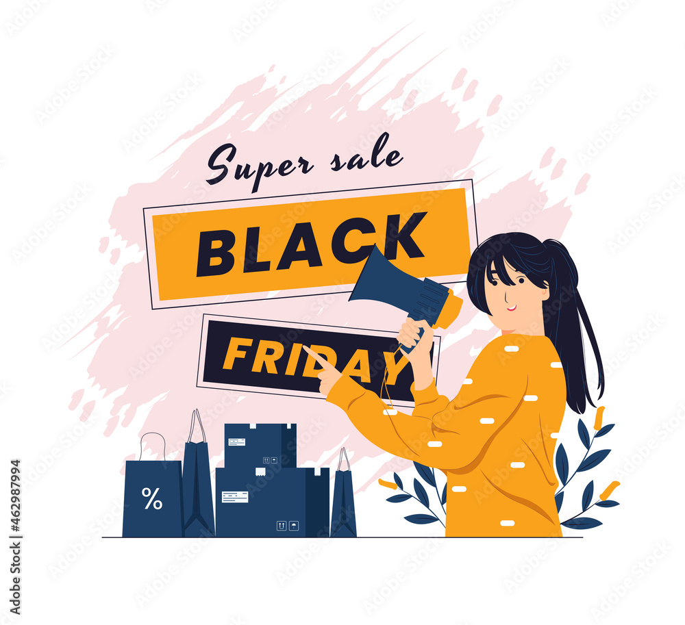 Naklejka premium A girl feeling happy and pointing on Black friday concept illustration