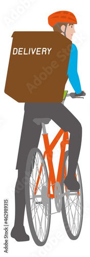 背面から見る自転車で一時停止するデリバリーの若い男性のイラスト