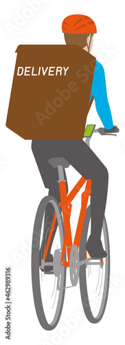 背面から見る自転車に乗るデリバリーの若い男性のイラスト