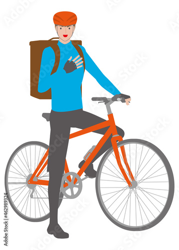 自転車に乗るデリバリーの若い男性のイラスト「まかせてください」