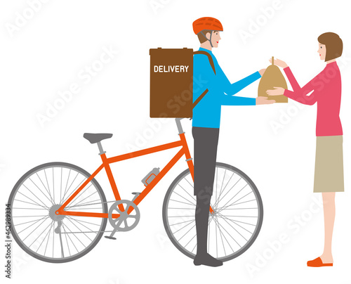 デリバリーの荷物を渡すの若い男性と受け取る若い女性のイラスト