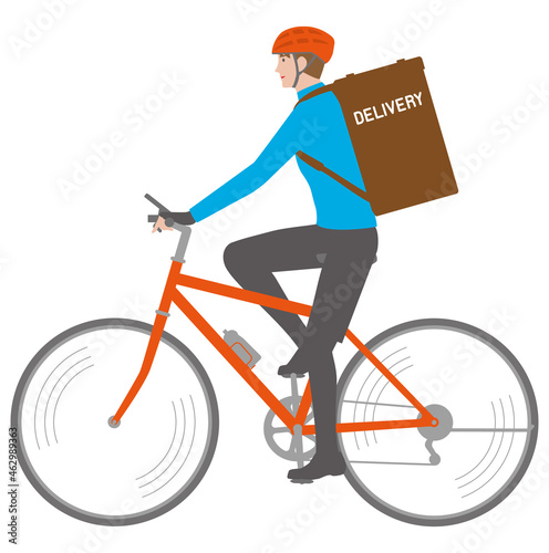 自転車に乗るデリバリーの若い男性の横向きのイラスト