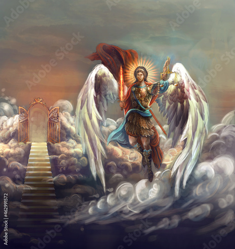 Leinwand Poster saint archangel Michael at Heaven gate
