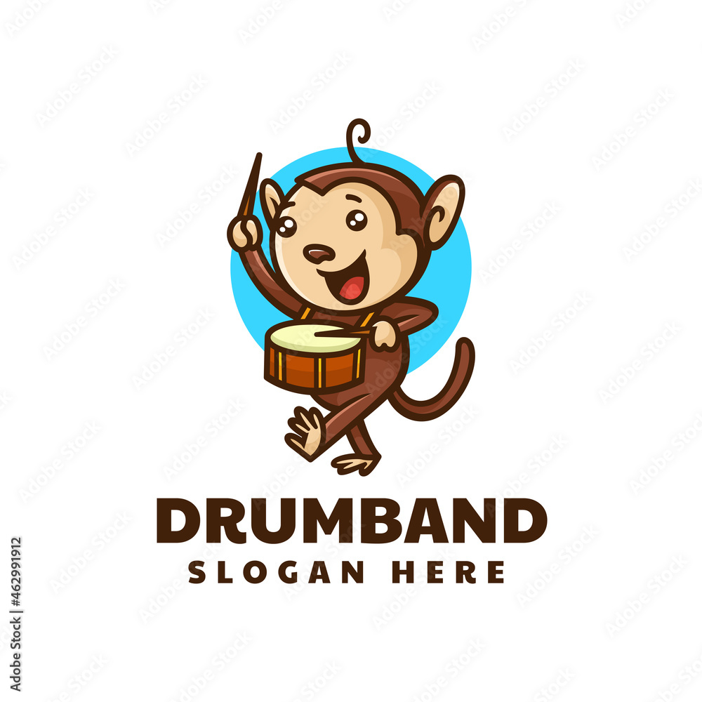 Vector Logo Illustration Drum Monkey Mascot Cartoon Style.