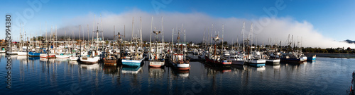 Panorama of Boats in Garibaldi Oregon harbor with clearing fog