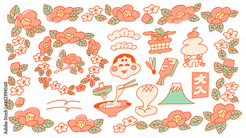 かわいいお正月モチーフ ベクターイラスト素材セットJapanese traditional New Year's Day motif illustrations.