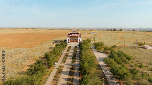 Elista, Russia. Syakusn-syume is a Buddhist temple in the Republic of Kalmykia. The official name of this religious building is Geden Sheddup Choikorling, Aerial View photo