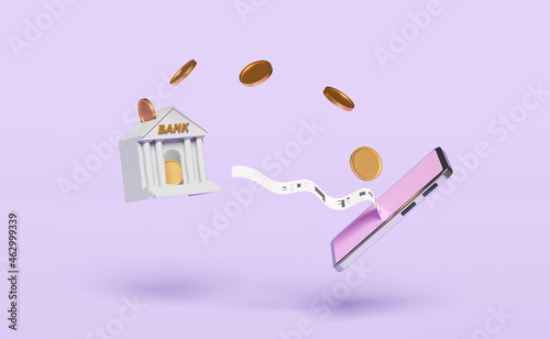 mobile phone,violet smartphone with coins,bank or tax office building,invoice,paper receipt,electronic bill payment isolated on purple background.saving money concept,3d illustration,3d render