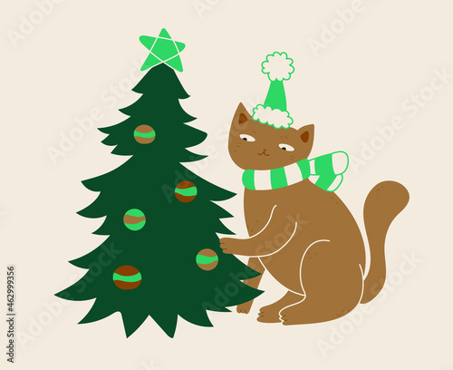 cat and christmas tree postcard