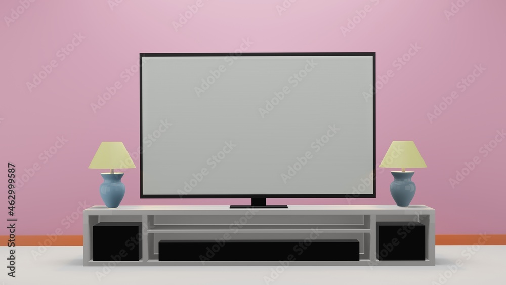Gray screen TV for product advertisement placed on a cabinet in a modern living room with a table lamp on a pink background, 3d rendering