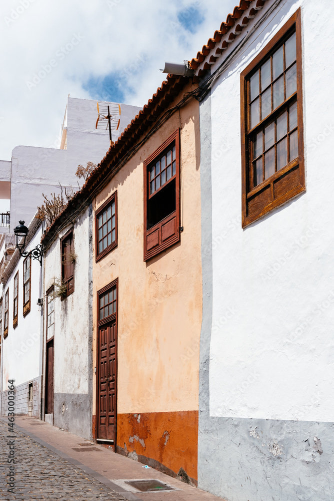 Traditional colonial architecture of Canary islands with colorful houses in the capital of La Palma, Santa Cruz de la Palma. San Telmo Street in the quarter of San Sebastian also known as La Canela