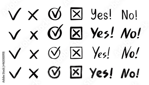 Check and cross mark set. Hand drawn doodle sketch style. Vote, yes, no drawn concept. Checkbox, cross mark with box, circle element. Vector illustration.