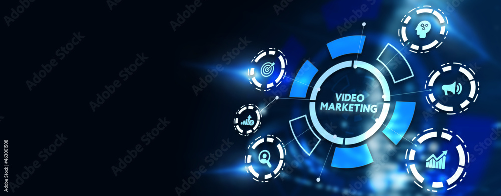 Fototapeta premium Video marketing and advertising concept on screen. Business, Technology, Internet and network concept. 3d illustration