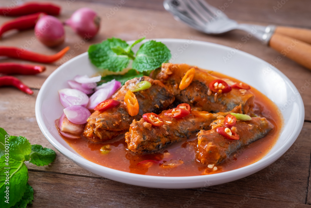 Spicy canned fish salad in tomato sauce. Thai food style Spicy canned fish salad in tomato sauce. Thai food style