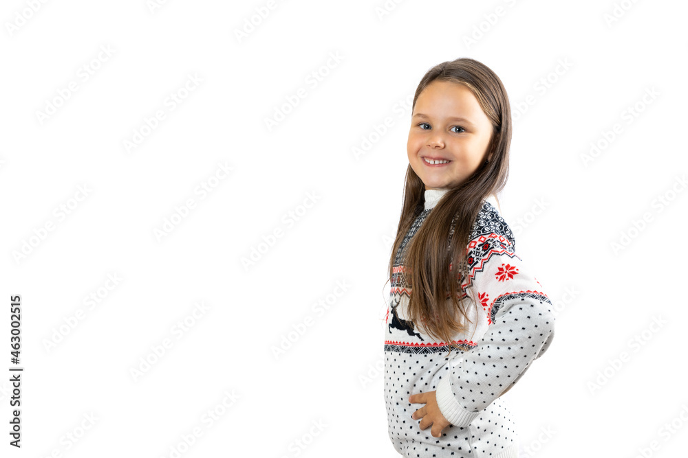 beautiful, smiling girl in white knitted Christmas sweater with reindeer giving with hands at waist, isolated on white background with copy space. beautiful, smiling girl in white knitted Christmas sweater with reindeer giving with hands at waist, isolated on white background with copy space.