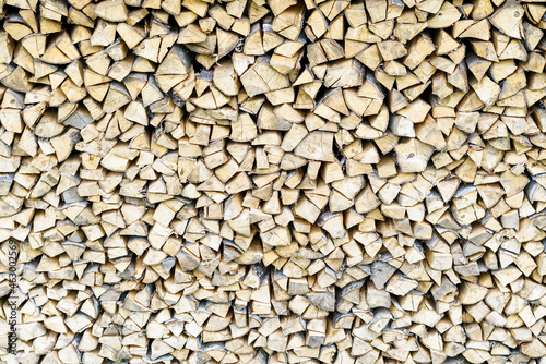 Dried beech wood ready for heating. Wooden pile in a stack. Chopped firewood logs dried on a pile. Wood background texture.