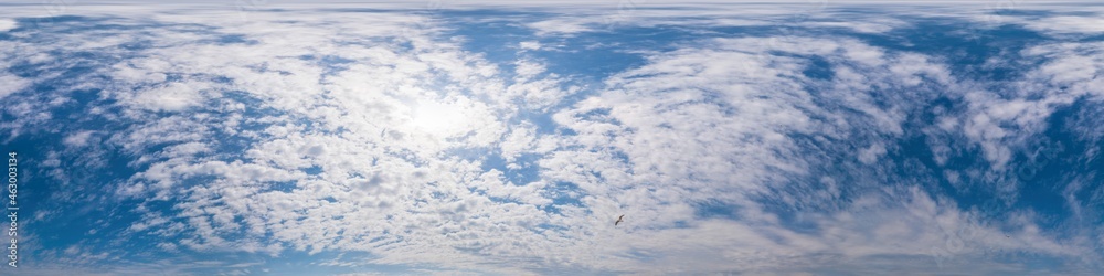 Fototapeta premium Blue sky panorama with Cumulus clouds. Seamless hdr 360 degree pano in spherical equirectangular format. Complete zenith for 3D visualization, game and sky replacement for aerial drone 360 panoramas.