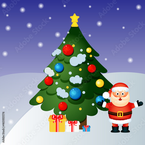 Image of Santa Claus, with a fir tree and gifts on a blue background © Elena