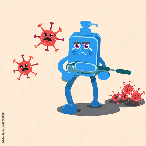 Hansanitizer Cartoon Characters hunt down and defeat the corona virus virus