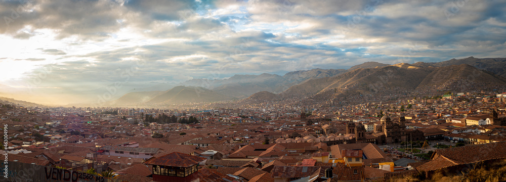 Aerial view of the city of Cusco at sunrise.